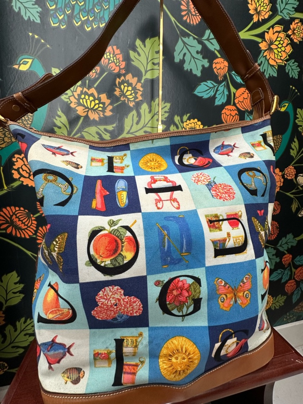 Vintage Gucci Alphabet Print Canvas Shoulder Bag Bamboo Charm Y2K Italy - Picture 5 of 12